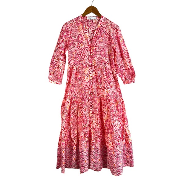 Zara Printed Tiered Midi Dress in pink and white Size XS Relaxed Oversized Fit - Picture 4 of 7